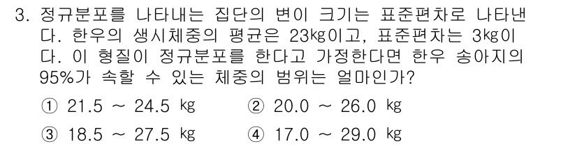 축산기사 2016년 3번 - 정규분포의 특성을 이용해 평균과 표준편차를 활용하여 범위를 계산합니다. ... 에 관한 핵심 기출문제
