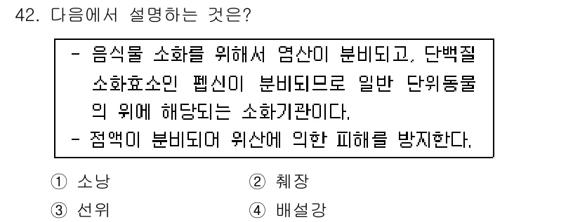 축산기사 2016년 42번 - 정답은 3번 '배설강'입니다. 설명에서 단백질 소화에 관여하는 효소와 관... 에 관한 핵심 기출문제