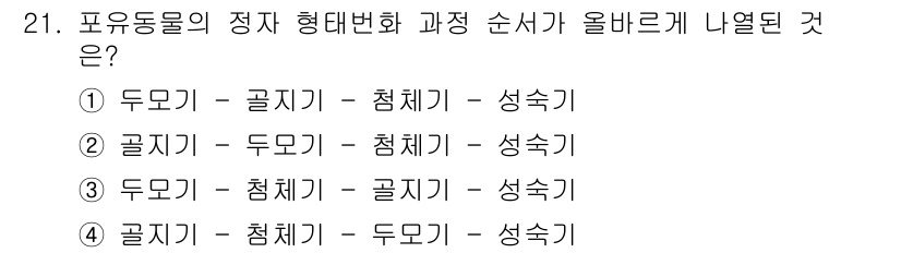 축산기사 2017년 21번 - 포유동물의 정자 형태 변화 과정은 초기 태아 발달 단계에서 두모기, 곤체... 에 관한 핵심 기출문제