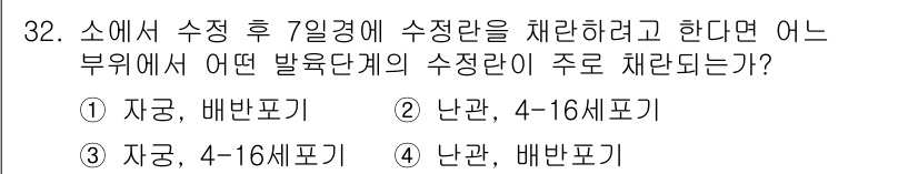 축산기사 2017년 32번 - 정답은 3번, 자궁, 배반포기입니다. 배반포기는 착상이 이루어지는 과정에... 에 관한 핵심 기출문제
