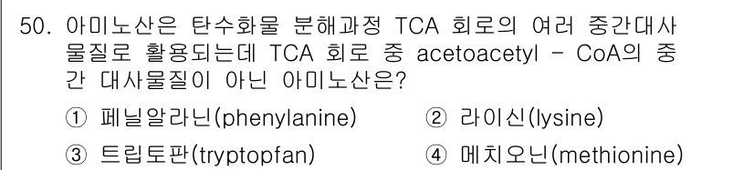 축산기사 2017년 50번 - 아미노산은 단백질의 기본 단위로 TCA 회로에 기여합니다. 그러나 라이신... 에 관한 핵심 기출문제