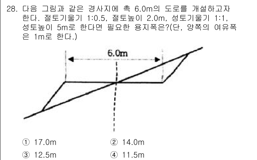 지적기사 2016년 28번 - 이 문제에서 도로의 총 길이는 6.0m이며, 절토와 성토의 비율이 제시되... 에 관한 핵심 기출문제