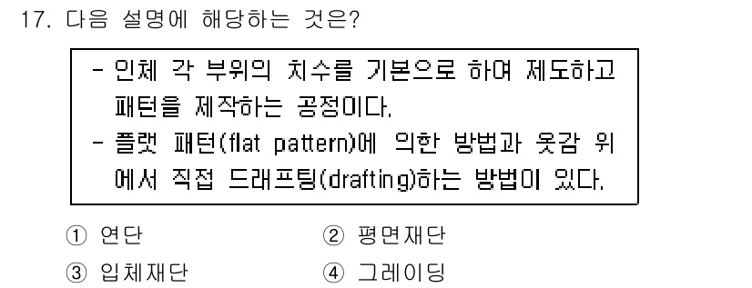 여성복기능사 2015년 17번 - . 

설명에 따르면, 인체 부위의 치수를 바탕으로 패턴을 제작하는 과정... 에 관한 핵심 기출문제