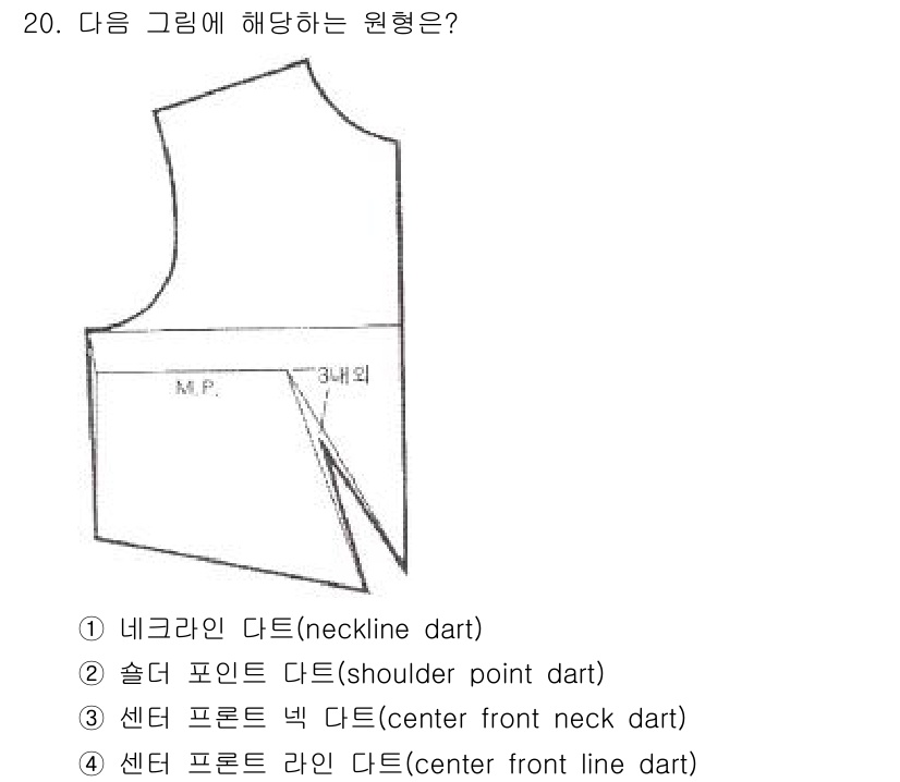 여성복기능사 2016년 20번 - 이 그림은 옷의 앞 중심 라인에서의 다트를 나타내며, 이는 센터 프론트 ... 에 관한 핵심 기출문제