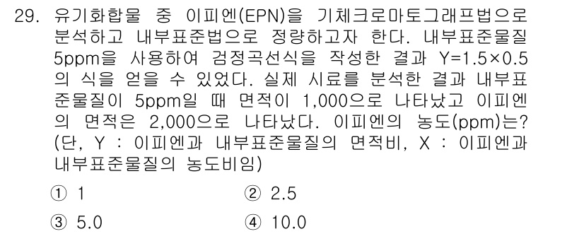 토양환경기사 2016년 29번 - 내부 표준물질이 5ppm일 때, 농도가 1,000에서 2,000으로 변할... 에 관한 핵심 기출문제
