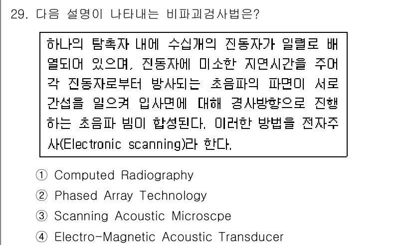 초음파비파괴검사기사 2015년 29번 - 정답 4번은 "Electromagnetic Acoustic Transdu... 에 관한 핵심 기출문제