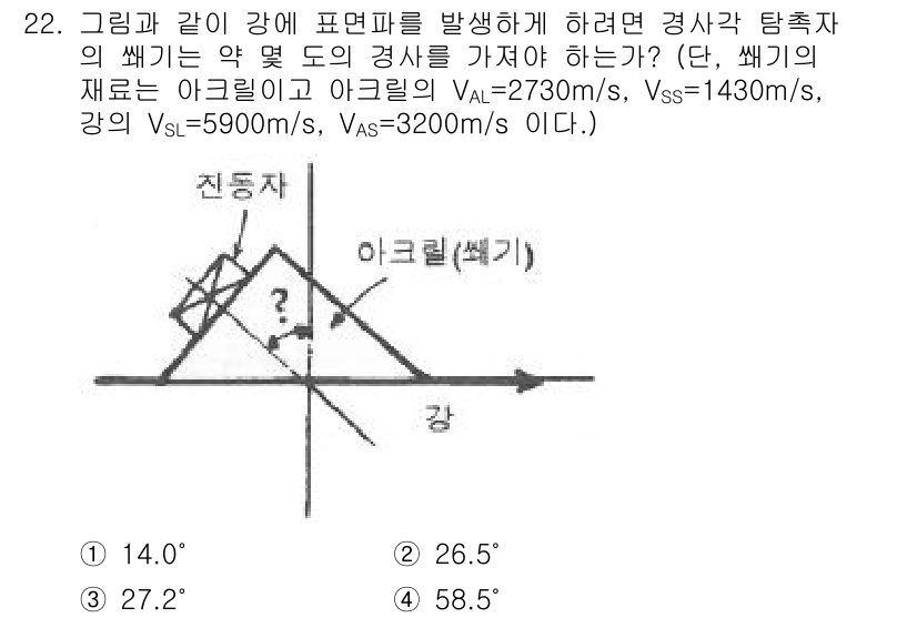 초음파비파괴검사기사(구) 2016년 22번 - 문제에서 주어진 값들을 바탕으로 전체 각도를 계산할 수 있습니다. 주어진... 에 관한 핵심 기출문제