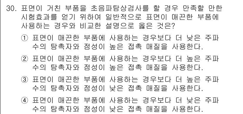 초음파비파괴검사기사 2016년 30번 - . 

해설: 초음파 비파괴 검사에서 매끄러운 표면은 신호 반사와 전파가... 에 관한 핵심 기출문제