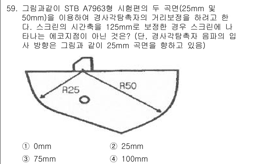 초음파비파괴검사기사 2016년 59번 - 정답 3의 이유는 스크린의 시안축이 125mm일 때, 경사각탭축의 거리 ... 에 관한 핵심 기출문제