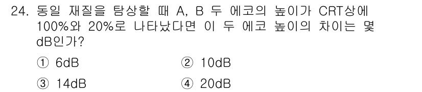 초음파비파괴검사기사(구) 2017년 24번 - 두 에코의 높이 비율이 100%와 2%일 때, 차이는 다음과 같이 계산할... 에 관한 핵심 기출문제