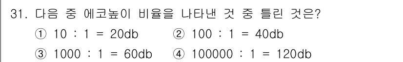 초음파비파괴검사기사 2017년 31번 - 주어진 비율을 데시벨(dB)로 변환할 때, dB = 10 × log₁₀(... 에 관한 핵심 기출문제