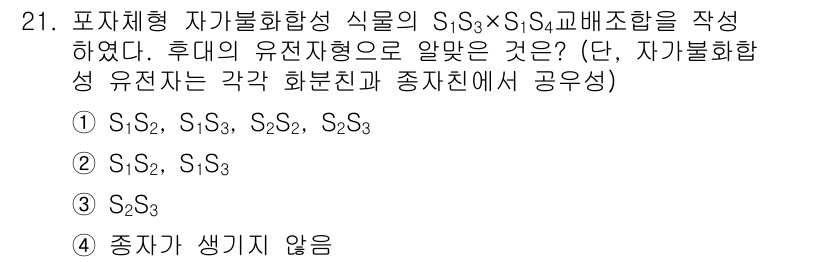종자기능사 2016년 21번 - 정답 2번은 S3와 S4의 배치가 가능하기 때문입니다. 자가불화합성 유전... 에 관한 핵심 기출문제