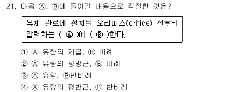 에너지관리산업기사 2016년 21번 - 문제에서 요구하는 내용은 유체의 흐름에서 압력차를 이용하는 미세한 구멍을... 에 관한 핵심 기출문제