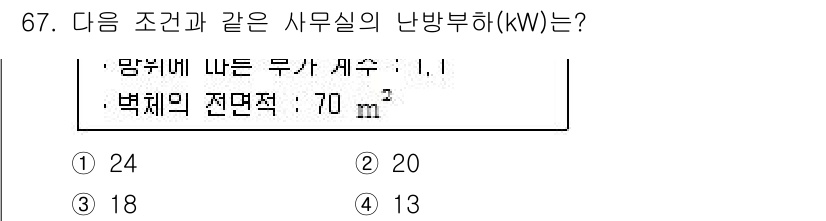 에너지관리산업기사 2017년 67번 - 주어진 조건에서 난방부하(kW)는 망내에 나타난 무사세(m²)와 벽체의 ... 에 관한 핵심 기출문제