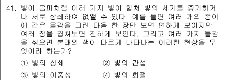 화학분석기능사 2015년 41번 - . 빛의 회절. 

빛이 다양한 물질에서 서로 다른 방향으로 굴절되면서 ... 에 관한 핵심 기출문제