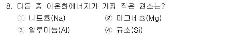 화학분석기능사 2015년 8번 - . 나트륨(Na)  
이유: 원소의 원자량 기준으로 나트륨(Na)의 원자... 에 관한 핵심 기출문제