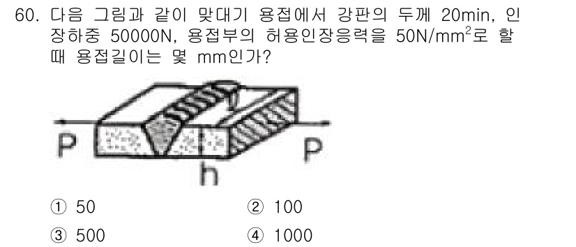 방사선비파괴검사기능사 2016년 60번 - 주어진 문제에서 용접부의 허용 인장응력과 하중을 사용하여 용접길이를 계산... 에 관한 핵심 기출문제