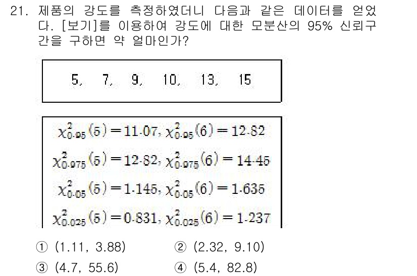 품질경영산업기사 2015년 21번 - (5.4, 82.8)

이유: 모분산이 알려지지 않았으므로, t 분포를 ... 에 관한 핵심 기출문제