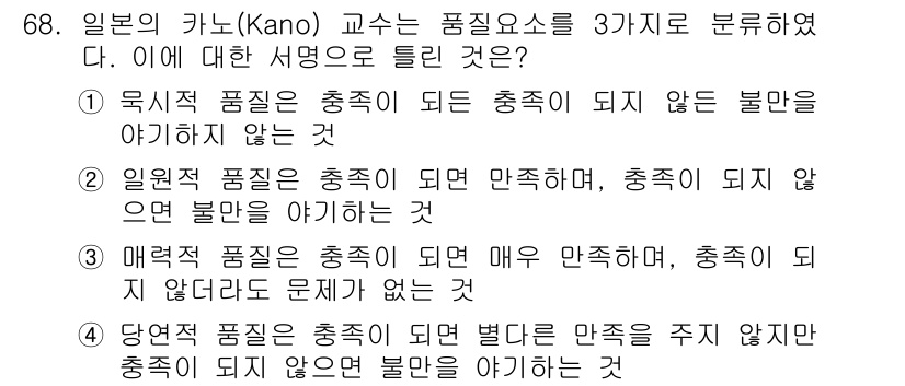 품질경영산업기사 2015년 68번 - 매력적 품질 요소는 고객의 숨겨진 기대를 충족시켜 주며, 이로 인해 고객... 에 관한 핵심 기출문제