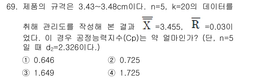 품질경영산업기사 2015년 69번 - 제공된 정보를 바탕으로 Cp를 구하려면 전체 변동성을 고려해야 합니다. ... 에 관한 핵심 기출문제
