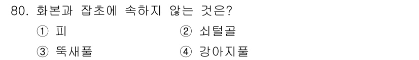 식물보호산업기사 2016년 80번 - 정답은 4번 '강아지풀'입니다. 강아지풀은 초본 식물로, 화본과에 속하지... 에 관한 핵심 기출문제