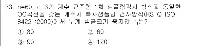 품질경영산업기사 2016년 33번 - 샘플링 검사에서 OC 곡선은 샘플 크기를 기준으로 위험을 평가합니다. C... 에 관한 핵심 기출문제