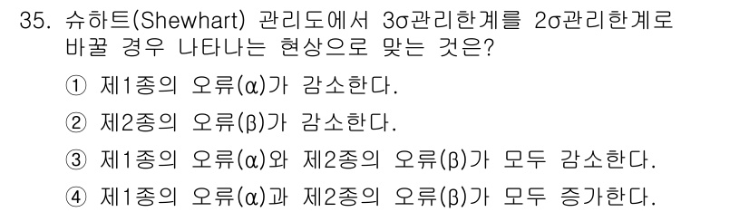 품질경영산업기사 2016년 35번 - 슈히트 관리도에서 3σ 관리 한계를 2σ로 바꾸면 경고 신호가 더 자주 ... 에 관한 핵심 기출문제