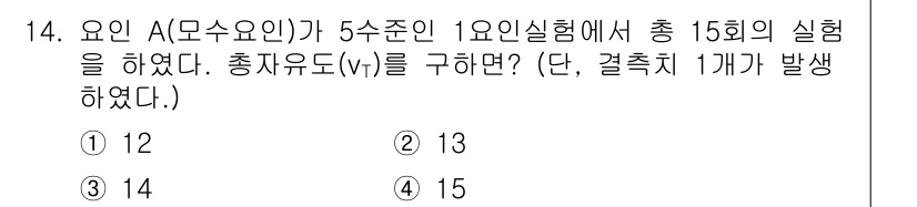 품질경영산업기사 2017년 14번 - 문제의 조건에 따르면 요인 A의 수준 수와 실험 횟수를 고려해야 합니다.... 에 관한 핵심 기출문제