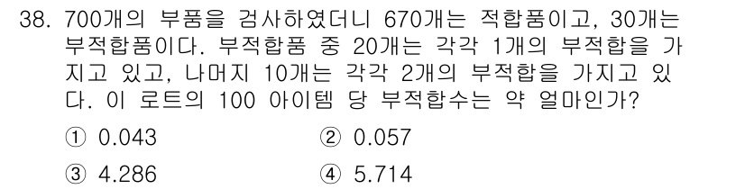 품질경영산업기사 2017년 38번 - 주어진 문제에서 부적합품의 비율을 구하기 위해서는 부적합품의 수를 전체 ... 에 관한 핵심 기출문제