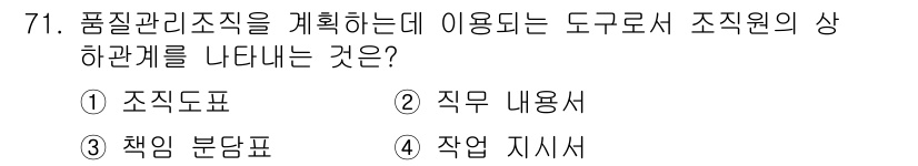 품질경영산업기사 2017년 71번 - 정답 4번인 '작업 지시서'는 품질관리 조치를 계획할 때 구체적인 작업 ... 에 관한 핵심 기출문제