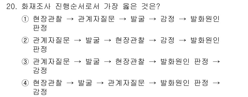 화재감식평가기사 2015년 20번 - 화재조사 시 현장관찰을 통해 관계자 질문을 먼저 진행하고, 발굴된 증거를... 에 관한 핵심 기출문제