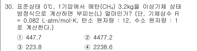 화재감식평가기사 2015년 30번 - 주어진 문제에서 이상기체 방정식 PV=nRT를 사용하여 메탄(CH₄)의 ... 에 관한 핵심 기출문제