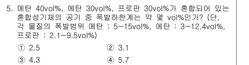 화재감식평가기사 2015년 5번 - 해당 문제에서 혼합가스의 폭발범위는 각 성분의 폭발범위를 고려하여 계산해... 에 관한 핵심 기출문제