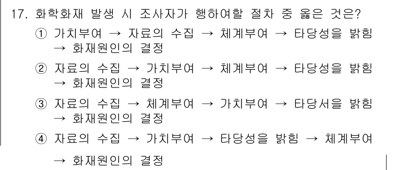 화재감식평가기사 2017년 17번 - 화재감식에서는 자원의 수집이 우선되어야 하며, 그 후에 체계적으로 분석하... 에 관한 핵심 기출문제