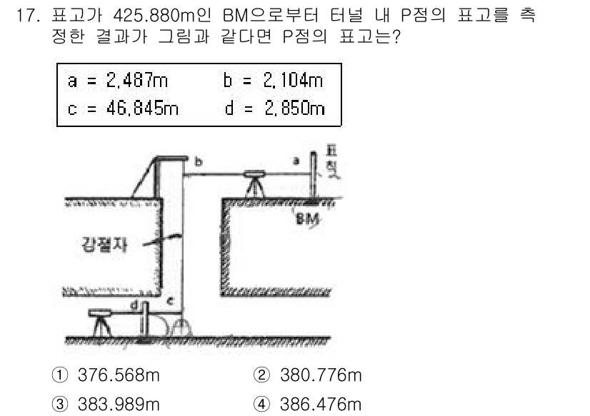 측량및지형공간정보산업기사 2017년 17번 - 정답은 2번 (380.776m)입니다. P점의 표고는 BM에서 P점까지의... 에 관한 핵심 기출문제