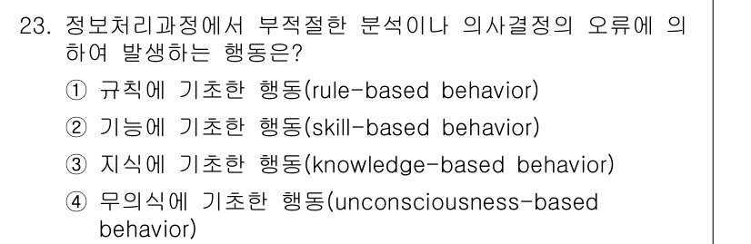 산업안전기사_필기 2018년 23번 - 정보처리 과정에서 부적절한 분석이나 외적 요인으로 인해 발생하는 행동은 ... 에 관한 핵심 기출문제