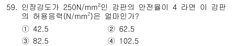 산업안전기사_필기 2018년 59번 - 인장강도와 안전율을 고려하여 허용응력(N/mm²)을 계산할 수 있습니다.... 에 관한 핵심 기출문제