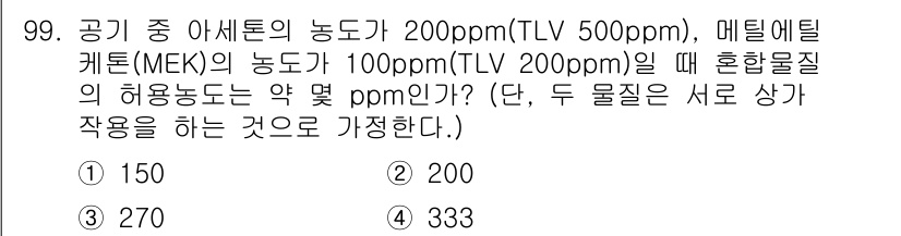산업안전기사_필기 2018년 99번 - 혼합물질의 허용농도는 각 물질의 농도를 TLV로 나누어 계산한 후 합산하... 에 관한 핵심 기출문제