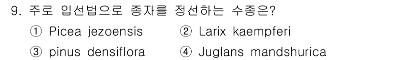 산림산업기사(구60문항) 2018년 9번 - 정답은 3번 Pinus densiflora입니다. 주로 한국에서 자생하며... 에 관한 핵심 기출문제
