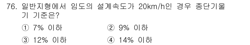 산림산업기사 2018년 76번 - 임도의 설계 속도가 20km/h인 경우 일반적으로 중단기울 기준은 12%... 에 관한 핵심 기출문제
