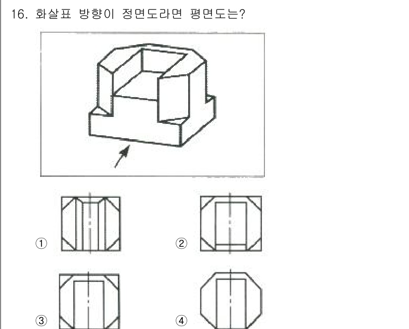 압연기능사 2016년 16번 - 화살표 방향이 정면을 나타내므로, 평면도는 정면도를 기준으로 하여 상단을... 에 관한 핵심 기출문제