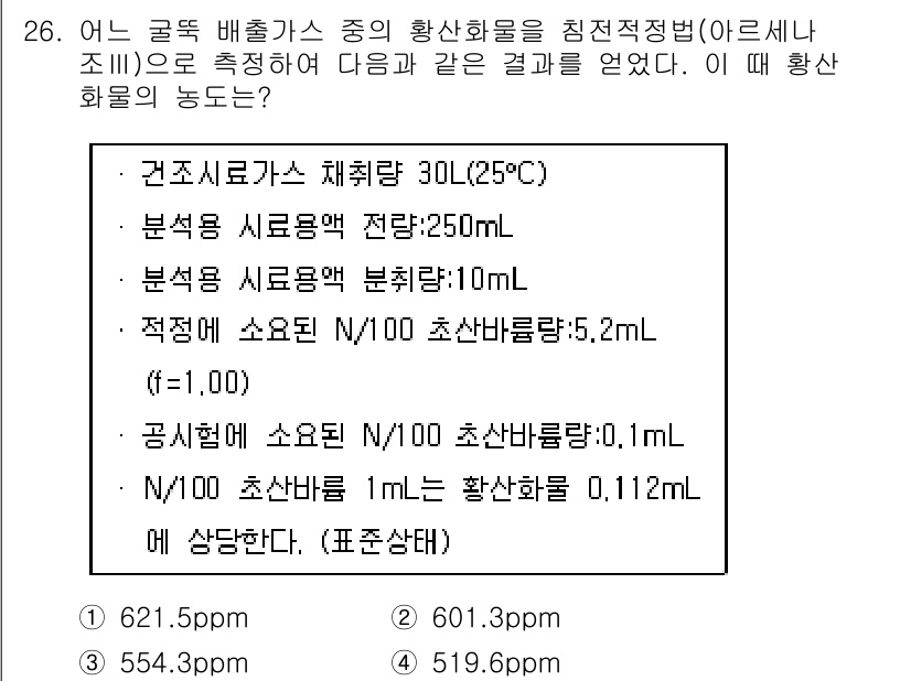 대기환경산업기사 2015년 26번 - 주어진 조건에서 각 물질의 분압을 활용하여 적정한 화학적 계산을 수행한 ... 에 관한 핵심 기출문제