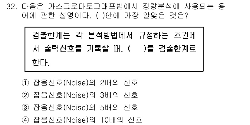 대기환경산업기사 2015년 32번 - . 

가스크로마토그래피에서 신호의 크기는 검출기의 민감도와 관련이 있으... 에 관한 핵심 기출문제