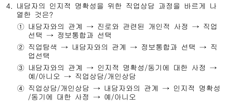 직업상담사_2급_필기 2018년 4번 - . 

내담자의 인지적 명확성을 높이기 위해서는 진로 관련 개인 사정과 ... 에 관한 핵심 기출문제