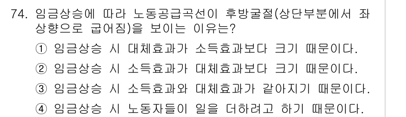 직업상담사_2급_필기 2018년 74번 - 임금상승 시 노동자들이 일을 더 하려는 경향이 강해지기 때문에 대체효과와... 에 관한 핵심 기출문제