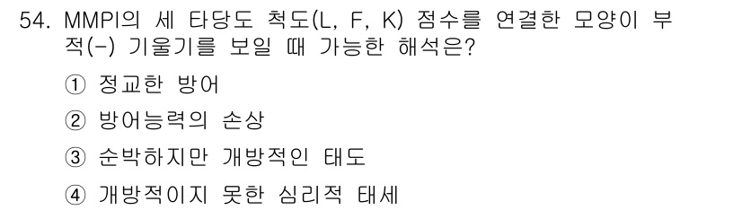 임상심리사_2급 2018년 54번 - . 방어능력의 손상. 

MMPI의 F, K 점수가 모두 낮을 경우, 개... 에 관한 핵심 기출문제