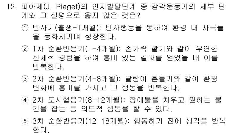 사회복지사_1급(1교시)(구) 2018년 12번 - 피아제의 발달 이론에서 강구운동기의 세부 단계 중 1세기 단계(반사기)는... 에 관한 핵심 기출문제