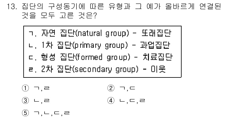 사회복지사_1급(1교시)(구) 2018년 13번 - 집단의 구성이론에 따르면, 자연 집단과 1차 집단은 개인의 정서적 유대와... 에 관한 핵심 기출문제