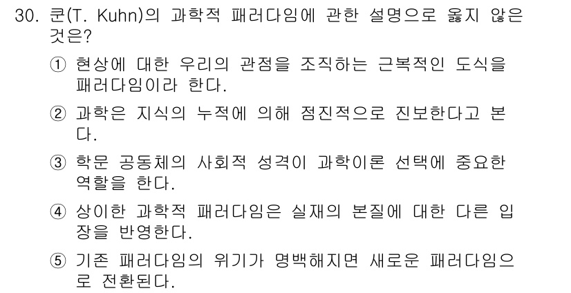 사회복지사_1급(1교시)(구) 2018년 30번 - 정답인 이유: 과학은 누적적이지 않으며, 기존 패러다임이 지속적으로 검증... 에 관한 핵심 기출문제