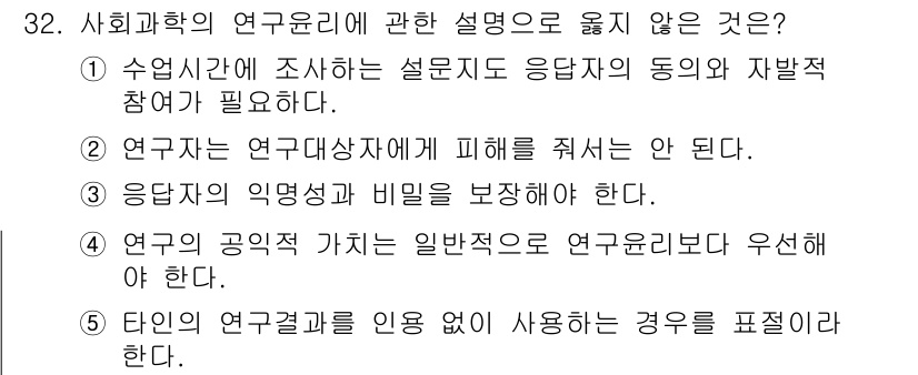 사회복지사_1급(1교시)(구) 2018년 32번 - 사회복지학의 연구윤리에 관한 설명 중 옳지 않은 것은 ④번입니다. 사회복... 에 관한 핵심 기출문제